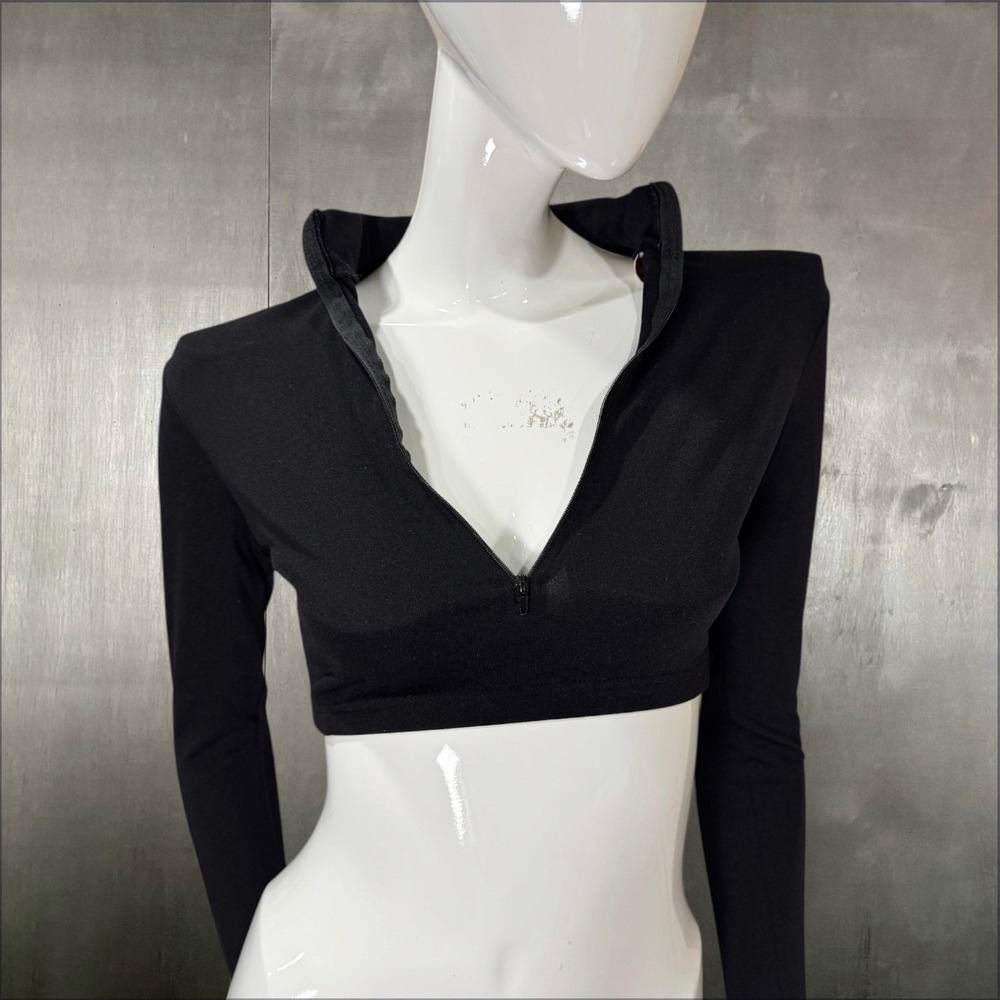 Vintage Y2K Black Zip Up Cropped Top Long Sleeve Athletic Mock Neck XS S